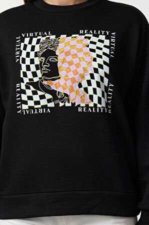 Kadın Moda Şık Bol Bisiklet Yaka Düşük Kol Uzun İnce Baskılı Normal Kesim Örme Sweatshirt