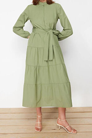 Yeni Rahat Casual Günlük Terrycotton Dokuma Dik Yaka Uzun Kol Basic Maxi Boy Tesettür Elbise