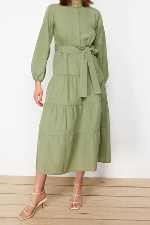 Yeni Rahat Casual Günlük Terrycotton Dokuma Dik Yaka Uzun Kol Basic Maxi Boy Tesettür Elbise