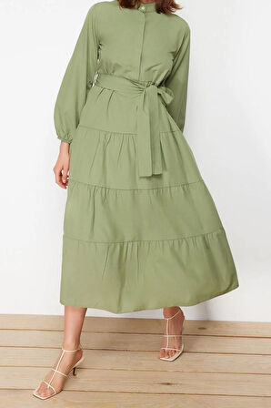 Yeni Rahat Casual Günlük Terrycotton Dokuma Dik Yaka Uzun Kol Basic Maxi Boy Tesettür Elbise