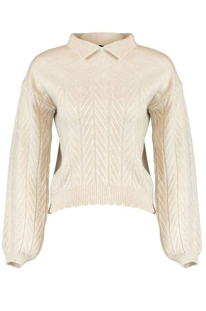 Kadın Moda Şık Regular Polo Yaka Uzun Kol Saç Örgü Geniş Kalıp Yumuşak Dokulu lü Triko Kazak