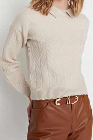 Kadın Moda Şık Regular Polo Yaka Uzun Kol Saç Örgü Geniş Kalıp Yumuşak Dokulu lü Triko Kazak