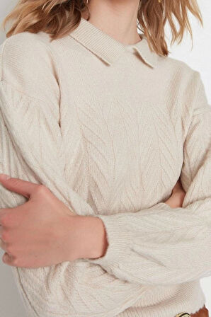 Kadın Moda Şık Regular Polo Yaka Uzun Kol Saç Örgü Geniş Kalıp Yumuşak Dokulu lü Triko Kazak