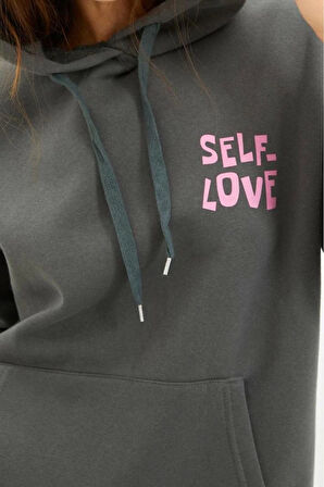 Kadın Oversize Kapüşonlu Düşük Kol Uzun Sırt Baskı Geniş Kalıp Kalın İçi Polarlı Örme Sweatshirt