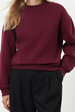 Kadın Moda Şık Relaxed Dik Yaka Düşük Kol Regular Kalın İçi Polarlı Rahat Kalıp Örme Sweatshirt