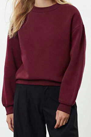Kadın Moda Şık Relaxed Dik Yaka Düşük Kol Regular Kalın İçi Polarlı Rahat Kalıp Örme Sweatshirt