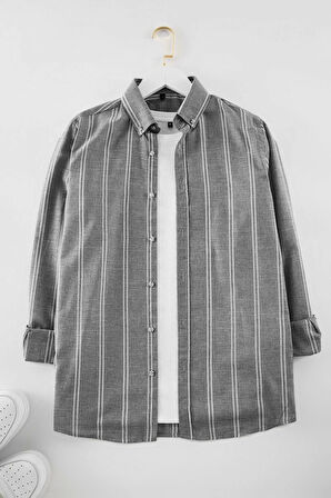 Moda Düğmeli Yaka Çizgili Uzun Kol Slim Fit Düğmeli Yaka İnce Çizgili Gömlek