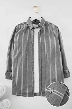 Moda Düğmeli Yaka Çizgili Uzun Kol Slim Fit Düğmeli Yaka İnce Çizgili Gömlek