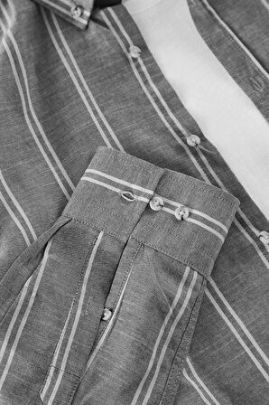Moda Düğmeli Yaka Çizgili Uzun Kol Slim Fit Düğmeli Yaka İnce Çizgili Gömlek