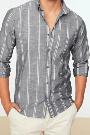 Moda Düğmeli Yaka Çizgili Uzun Kol Slim Fit Düğmeli Yaka İnce Çizgili Gömlek