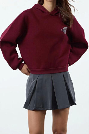 Kadın Moda Şık Relaxed Kapüşonlu Düşük Kol Crop Sırt Baskı Detaylı Kalın İçi Polarlı Örme Sweatshirt