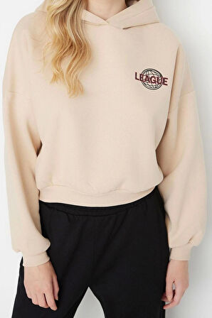 Kadın Moda Şık Relaxed Kapüşonlu Düşük Kol Crop Sırt Baskı Detaylı Kalın İçi Polarlı Örme Sweatshirt