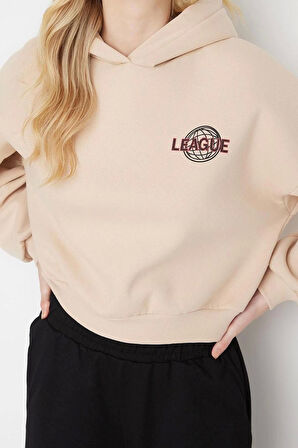 Kadın Moda Şık Relaxed Kapüşonlu Düşük Kol Crop Sırt Baskı Detaylı Kalın İçi Polarlı Örme Sweatshirt