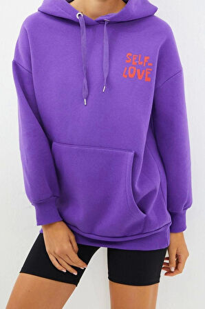 Kadın Oversize Kapüşonlu Düşük Kol Uzun Sırt Baskı Geniş Kalıp Kalın İçi Polarlı Örme Sweatshirt