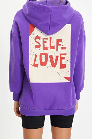 Kadın Oversize Kapüşonlu Düşük Kol Uzun Sırt Baskı Geniş Kalıp Kalın İçi Polarlı Örme Sweatshirt