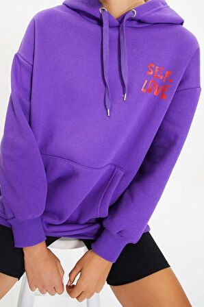 Kadın Oversize Kapüşonlu Düşük Kol Uzun Sırt Baskı Geniş Kalıp Kalın İçi Polarlı Örme Sweatshirt