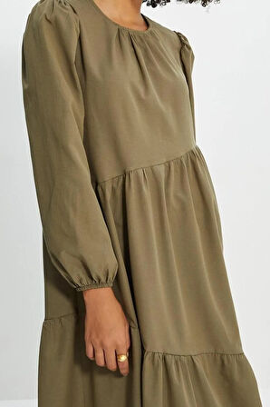 Yeni Regular Casual Günlük Terrycotton Dokuma Bisiklet Yaka Uzun Kol A-Line Maxi Boy Tesettür Elbise