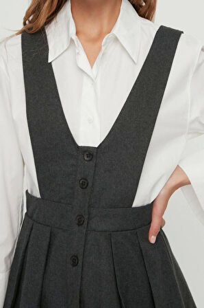 Yeni Regular Casual Günlük Flanel Dokuma V Yaka Askılı Kol Jile Mini Boy Elbise