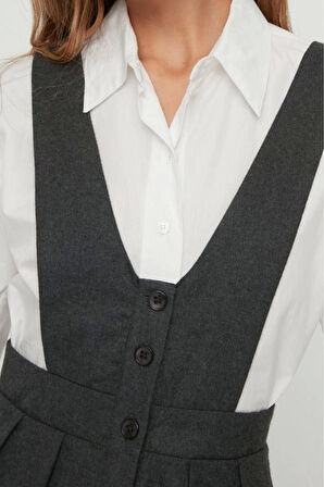 Yeni Regular Casual Günlük Flanel Dokuma V Yaka Askılı Kol Jile Mini Boy Elbise