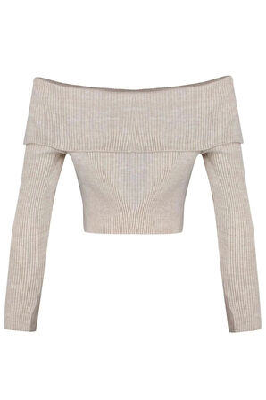 Kadın Moda Şık Crop Carmen Yaka Uzun Kol Düz Süper Crop Carmen Yaka Triko Kazak