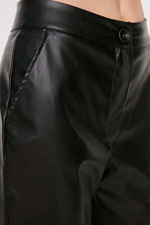 Kadın Yeni Moda Boru Paça Uzun Boy Dokuma Cigarette Suni Deri Pantolon