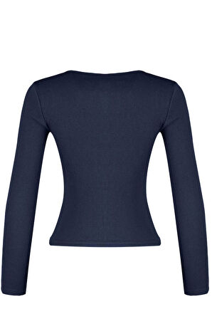 Kadın Moda Şık Regular Kruvaze Yaka Slim Kalıp Örme Fitted Vücuda Oturan Yaka Kol Fitilli Esnek Bluz