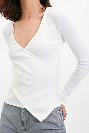 Kadın Moda Şık Regular Kruvaze Yaka Slim Kalıp Örme Fitted Vücuda Oturan Yaka Kol Fitilli Esnek Bluz