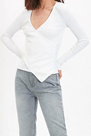 Kadın Moda Şık Regular Kruvaze Yaka Slim Kalıp Örme Fitted Vücuda Oturan Yaka Kol Fitilli Esnek Bluz