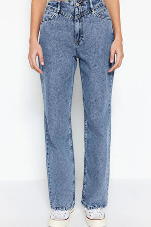 Kadın Moda Şık Kot Pantolon Geniş Paça Regular Boy Denim Gri Bel Detaylı Yüksek Bel Jeans