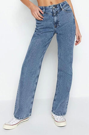 Kadın Moda Şık Kot Pantolon Geniş Paça Regular Boy Denim Gri Bel Detaylı Yüksek Bel Jeans