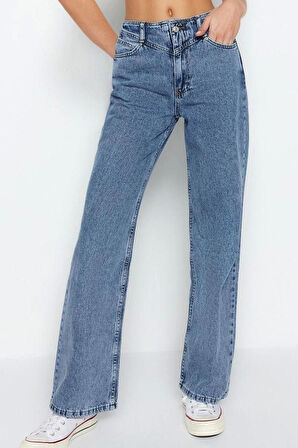 Kadın Moda Şık Kot Pantolon Geniş Paça Regular Boy Denim Gri Bel Detaylı Yüksek Bel Jeans