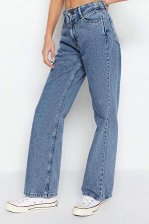 Kadın Moda Şık Kot Pantolon Geniş Paça Regular Boy Denim Gri Bel Detaylı Yüksek Bel Jeans