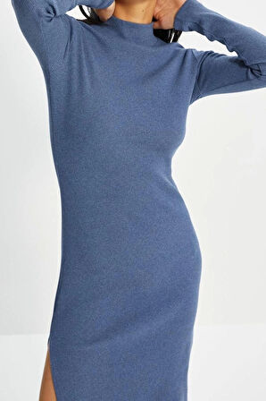 Yeni Slim Casual Günlük Rejenere Kaşkorse Dokuma Dik Yaka Uzun Kol Bodycone Mini Boy Elbise