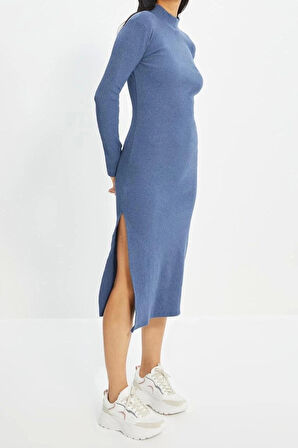 Yeni Slim Casual Günlük Rejenere Kaşkorse Dokuma Dik Yaka Uzun Kol Bodycone Mini Boy Elbise