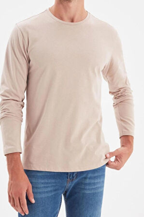 Yeni Sezon Regular %100 Pamuk Bisiklet Yaka Uzun Kol Düz Desenli Günlük T-Shirt