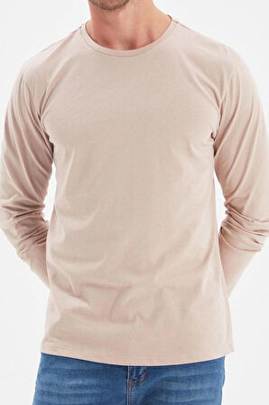 Yeni Sezon Regular %100 Pamuk Bisiklet Yaka Uzun Kol Düz Desenli Günlük T-Shirt