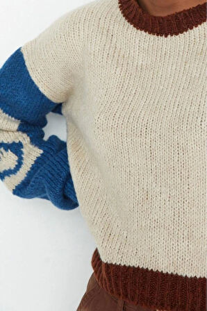 Kadın Moda Şık Crop Bisiklet Yaka Uzun Kol Renk Bloklu Yumuşak Dokulu Triko Kazak