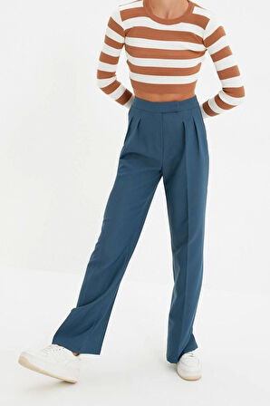 Kadın Yeni Moda Boru Paça Regular Boy Dokuma Wide Leg Geniş Paça Yüksek Bel Pantolon
