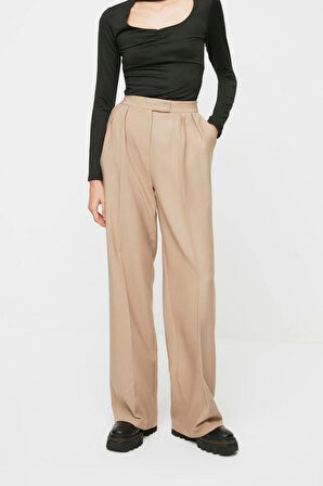 Kadın Yeni Moda Boru Paça Regular Boy Dokuma Wide Leg Geniş Paça Yüksek Bel Pantolon