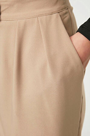 Kadın Yeni Moda Boru Paça Regular Boy Dokuma Wide Leg Geniş Paça Yüksek Bel Pantolon