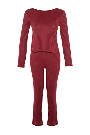 Kadın Moda Şık Bisiklet Yaka Geniş Paça Uzun Kol Lastikli Fitilli Örme Pijama Takımı