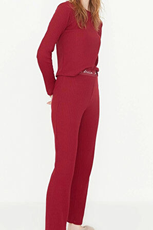 Kadın Moda Şık Bisiklet Yaka Geniş Paça Uzun Kol Lastikli Fitilli Örme Pijama Takımı