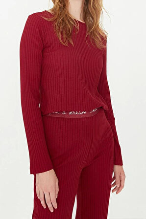 Kadın Moda Şık Bisiklet Yaka Geniş Paça Uzun Kol Lastikli Fitilli Örme Pijama Takımı