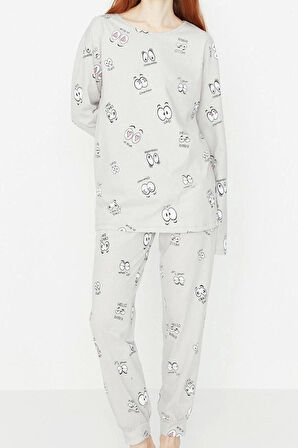 Kadın Moda Bisiklet Yaka Boru Paça Uzun Kol 100 Pamuk Göz Desenli T-shirt-Jogger Örme Pijama Takımı