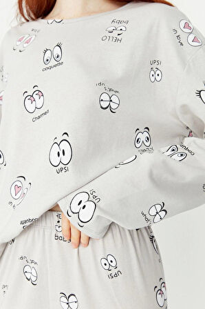 Kadın Moda Bisiklet Yaka Boru Paça Uzun Kol 100 Pamuk Göz Desenli T-shirt-Jogger Örme Pijama Takımı