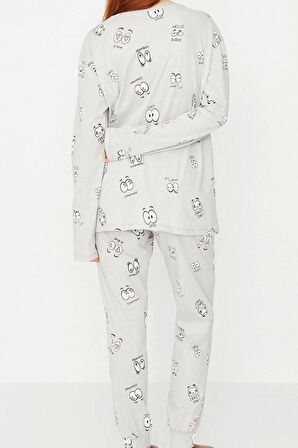 Kadın Moda Bisiklet Yaka Boru Paça Uzun Kol 100 Pamuk Göz Desenli T-shirt-Jogger Örme Pijama Takımı