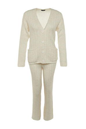 Kadın Moda Şık Geniş Paça Regular Boy Uzun Kollu Geniş Kalıp Yumuşak Dokulu Triko Alt-Üst Takım