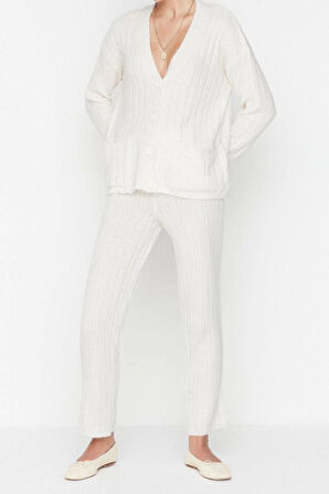 Kadın Moda Şık Geniş Paça Regular Boy Uzun Kollu Geniş Kalıp Yumuşak Dokulu Triko Alt-Üst Takım