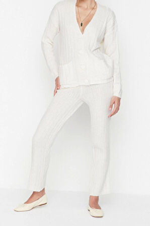 Kadın Moda Şık Geniş Paça Regular Boy Uzun Kollu Geniş Kalıp Yumuşak Dokulu Triko Alt-Üst Takım