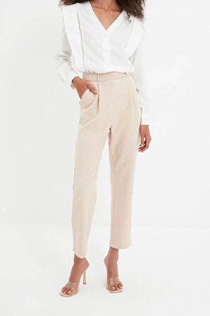 Kadın Yeni Moda Boru Paça Regular Boy Dokuma Cigarette Pantolon